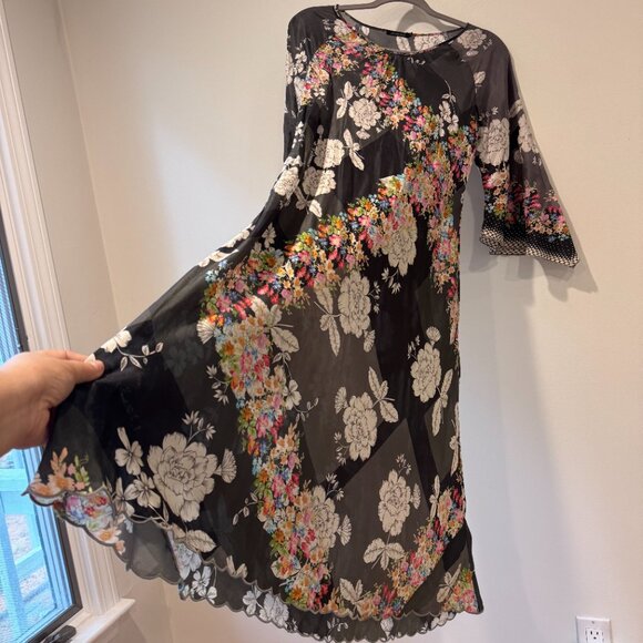 Johnny Was Dresses & Skirts - JOHNNY WAS Redland Raluca Floral Silk Midi Dress | S-XS | Bell Sleeves + Pockets